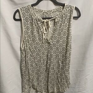 Loft cream V-Neck Sleeveless Tie Front Blouse with olive green geometric details